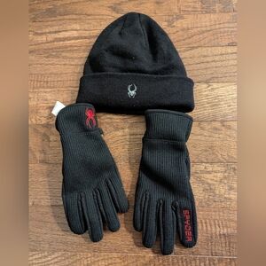 Spyder Gloves Adult small & Spyder Wool Hat OS, Black Knit Unisex